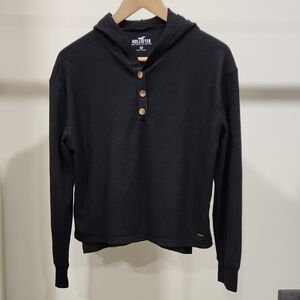 Hollister Black Waffle-Knit Hooded Henley